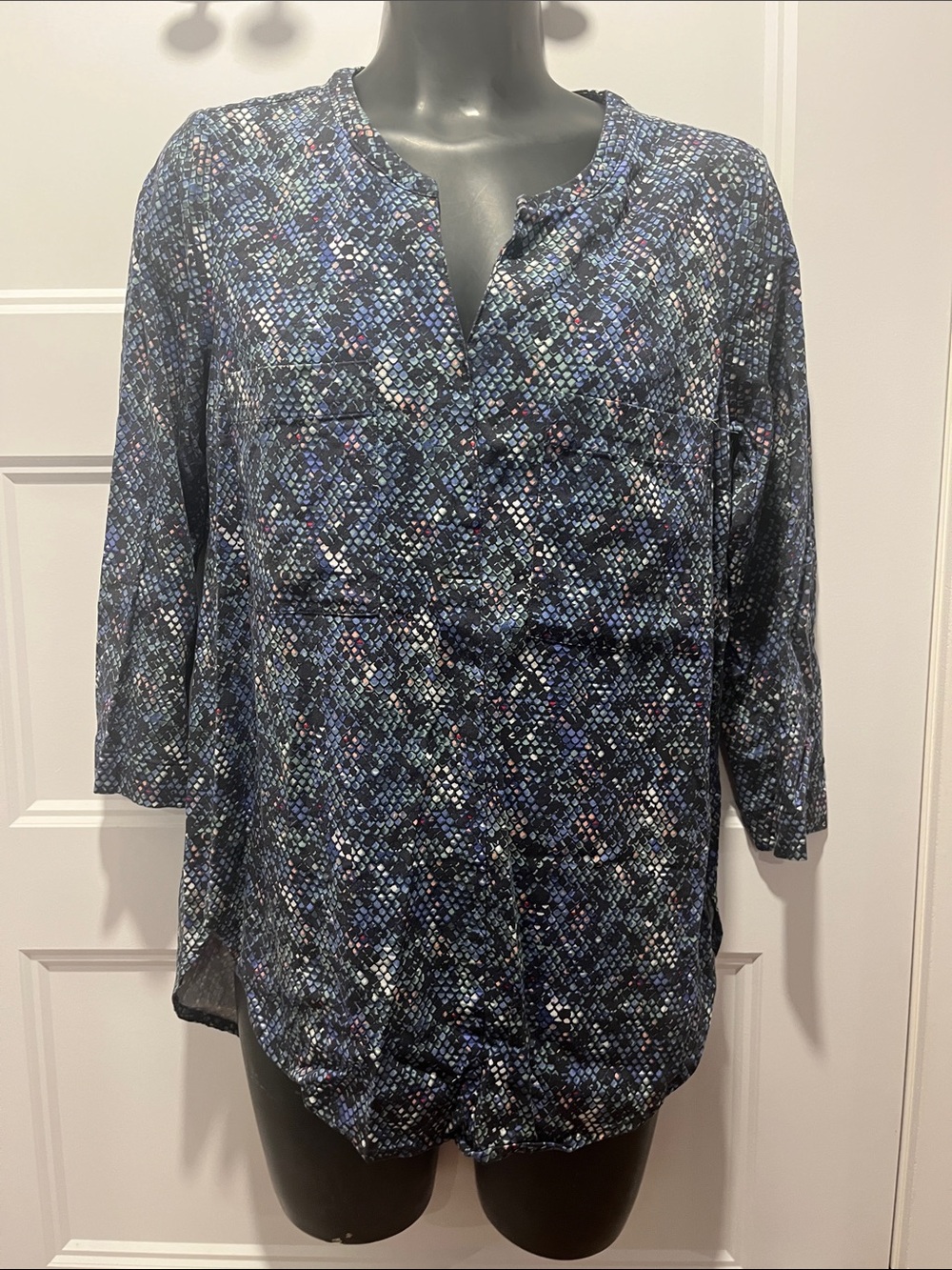 Women's Navy Patterned Split-Neck Blouse